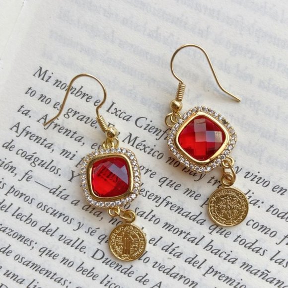 RUBY RED CRYSTAL DIAMOND SAN BENITO DROP EARRINGS - Picture 2 of 2
